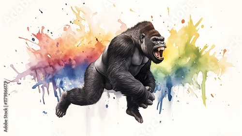 Charging Gorilla: Vibrant Watercolor-Style Digital Painting AI Generated photo