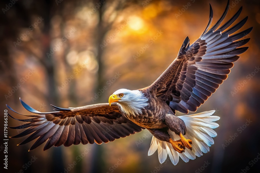 Obraz premium Majestic White and Brown Eagle in Flight, Copy Space for Text, Wildlife Photography
