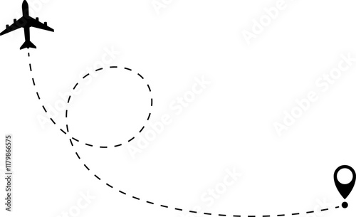 Airplane line path vector icon of air plane flight route with start point and dash dotted line trace. Love travel route. Airplane routes. Travel vector icon.