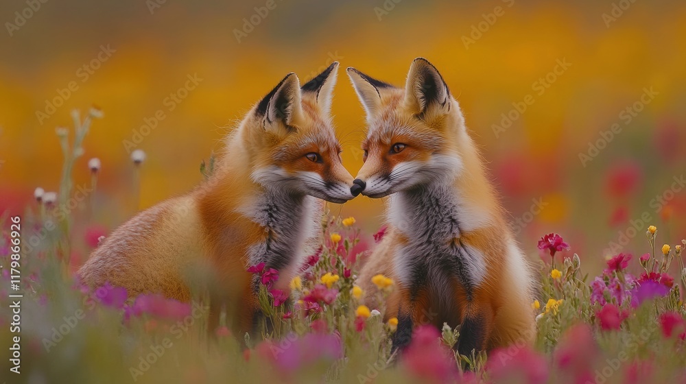 Obraz premium A pair of foxes in love, sharing tender moments amidst vibrant wildflowers