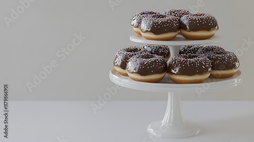 Chocolate doughnuts with sprinkles arranged on a tiered cake stand