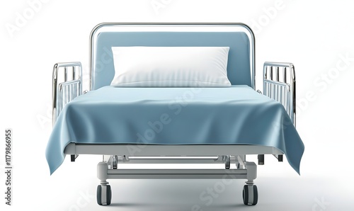 Empty light blue hospital bed on wheels.