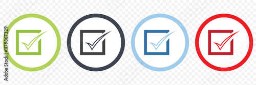 Vector check mark icons. A check mark icon indicates that the task has been completed or that the task has been approved for completion. Green checkbox "Yes". eps 10.