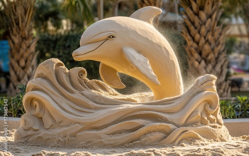 A playful sand sculpture of a smiling dolphin jumping out of water-like sand ripples