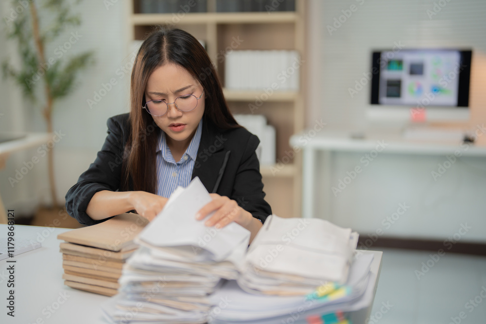 Young Asian businesswoman wearing eyeglasses, looking stressed while sifting through a mountain of paperwork on her desk in a modern office environment Young Asian businesswoman wearing eyeglasses, looking stressed while sifting through a mountain of paperwork on her desk in a modern office environment