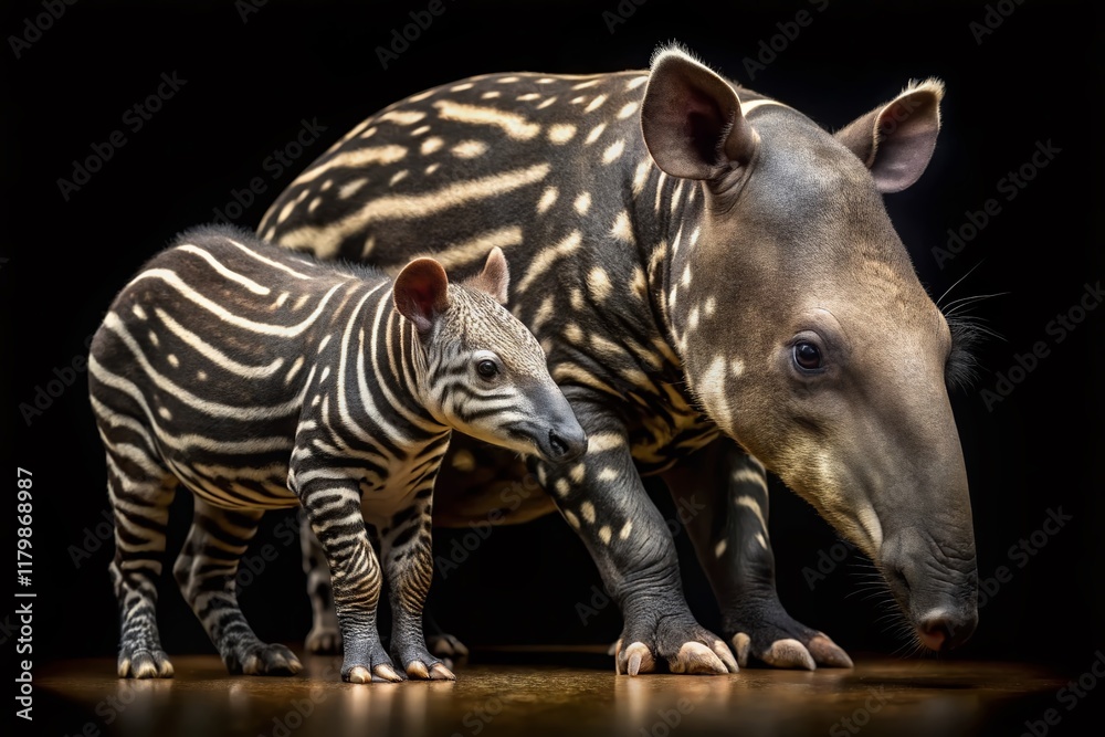 Naklejka premium Malayan Tapir & Newborn Cub - Isolated Black Background Stock Photo