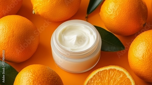 A cream jar surrounded by fresh oranges on a vibrant orange background, highlighting citrus beauty and skincare themes. photo