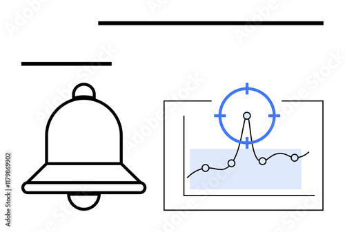 Bell icon next to focus-targeted graph. Ideal for notifications, alerts, analytics, data tracking, performance monitoring, business insights, user interface visuals. Abstract line flat metaphor