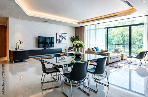 The interior design of the living room in techno style, a dining table with a glass top and chrome legs and chrome chairs with black plastic seats photo