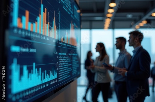 A group stands in front of a large screen showing graphs