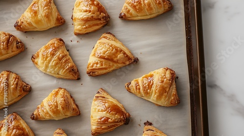 Chocolate-filled pastries arranged on a baking sheet with parchment paper