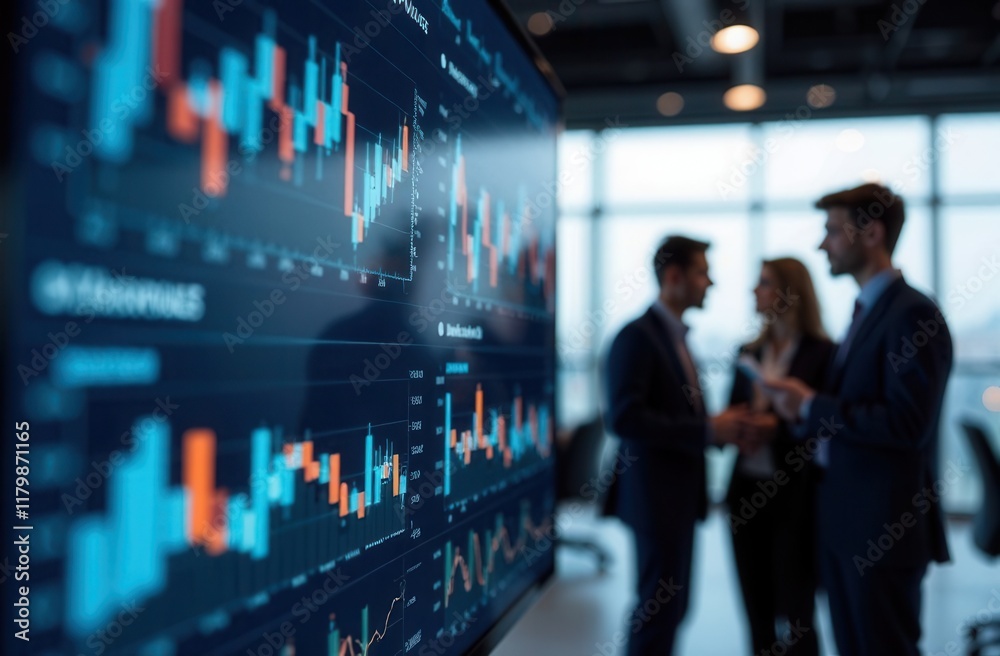 sentiment analysis using AI displayed on a screen, corporate setting, employees discussing results in the background sentiment analysis using AI displayed on a screen, corporate setting, employees discussing results in the background