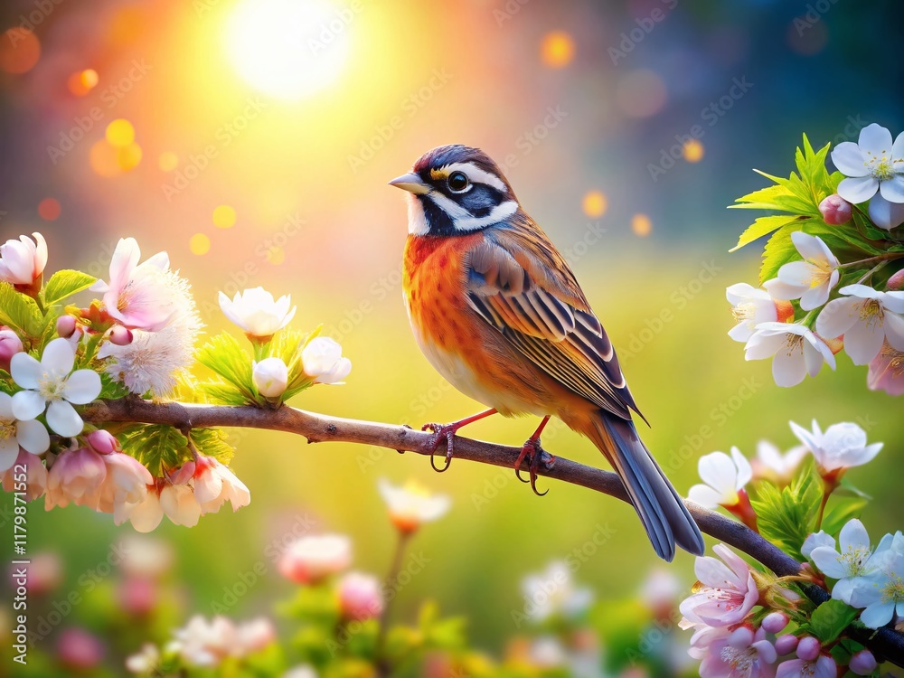 Meadow Bunting Bird on Tree Branch, Rural Path, Spring Nature Photography Meadow Bunting Bird on Tree Branch, Rural Path, Spring Nature Photography