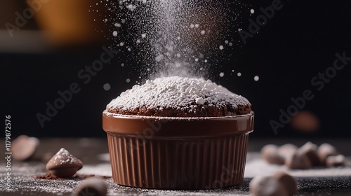 Chocolate souffle served in a ramekin with a dusting of powdered sugar