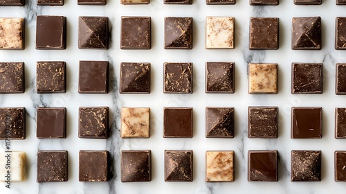 Chocolate fudge pieces arranged in a neat pattern on a marble countertop