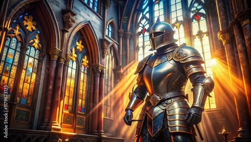 Medieval Knight Armor in Gothic Cathedral, Architectural Photography