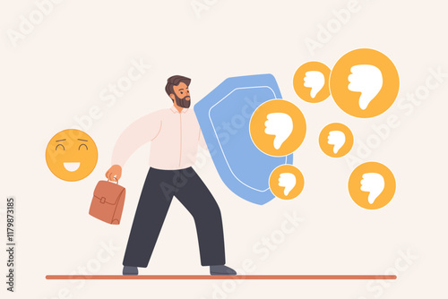 Negative feedback pressure, protection from criticism. Tiny businessman holding shield and briefcase to protect against negative messages and thumbs down of critics cartoon vector illustration