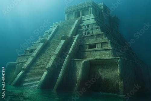 Ancient stone edifice in a jungle, featuring a stepped pyramid foundation photo