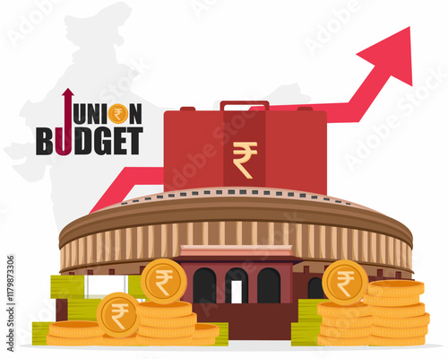 union budget 2025 india with red suitcase and indian parliament 
