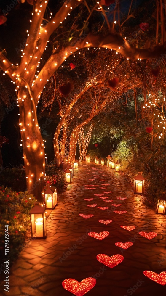 Obraz premium A romantic Valentine’s pathway illuminated by glowing heart-shaped lanterns and fairy lights