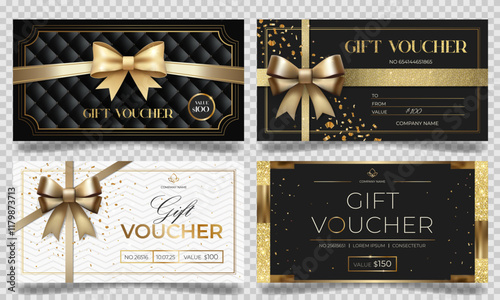 Luxury gift vouchers in black and gold color with bow. Elegant template for gift card, coupon. Stylish gift voucher.