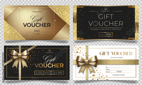 Luxury gift vouchers in black and gold color. Elegant template for gift card, coupon. Stylish gift voucher.