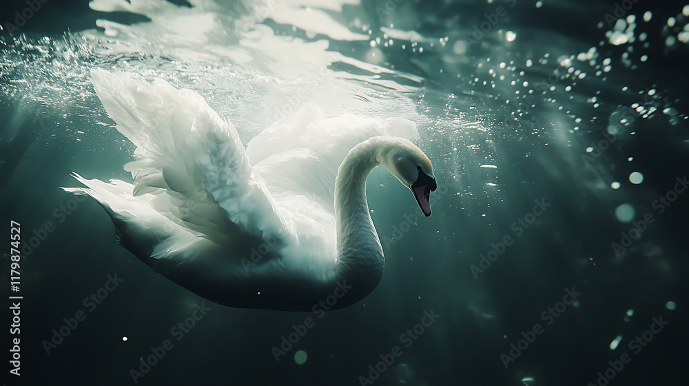 Naklejka premium A graceful swan glides underwater, illuminated by soft light and bubbles.