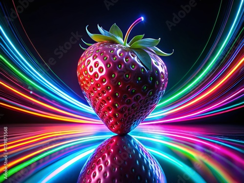 Metallic Glossy Strawberry 3D Render, Neon Light, Long Exposure, Isolated