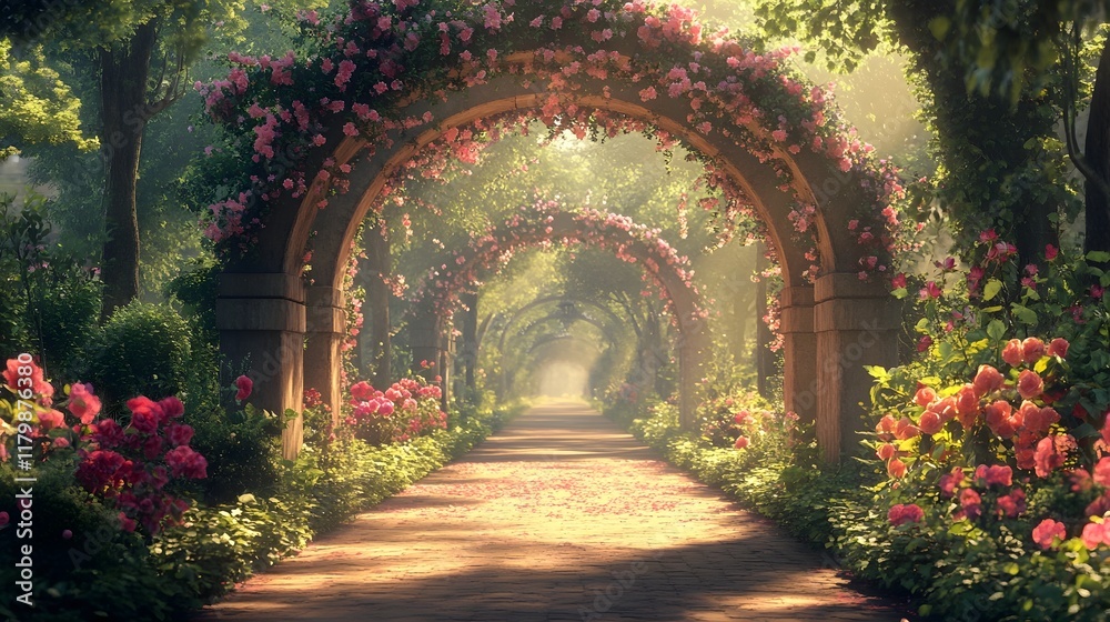 Serene and Enchanting Garden Archway Surrounded by a Vibrant Display of Blooming Flowers and Gentle Sunlight Filtering Through the Lush Foliage Creating a Truly Idyllic and Picturesque Landscape Serene and Enchanting Garden Archway Surrounded by a Vibrant Display of Blooming Flowers and Gentle Sunlight Filtering Through the Lush Foliage Creating a Truly Idyllic and Picturesque Landscape