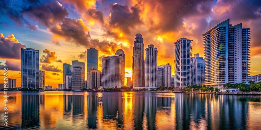 Obraz premium Miami Skyscrapers: Sun-Drenched Cityscape at Dawn, Architectural Marvels