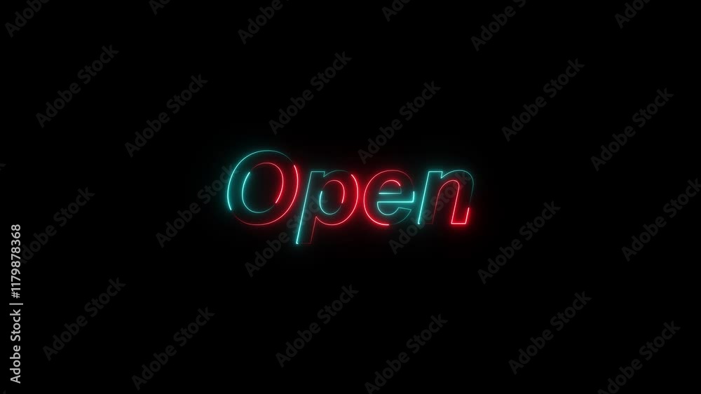 Neon glowing text open animation on black background. Bright neon line open