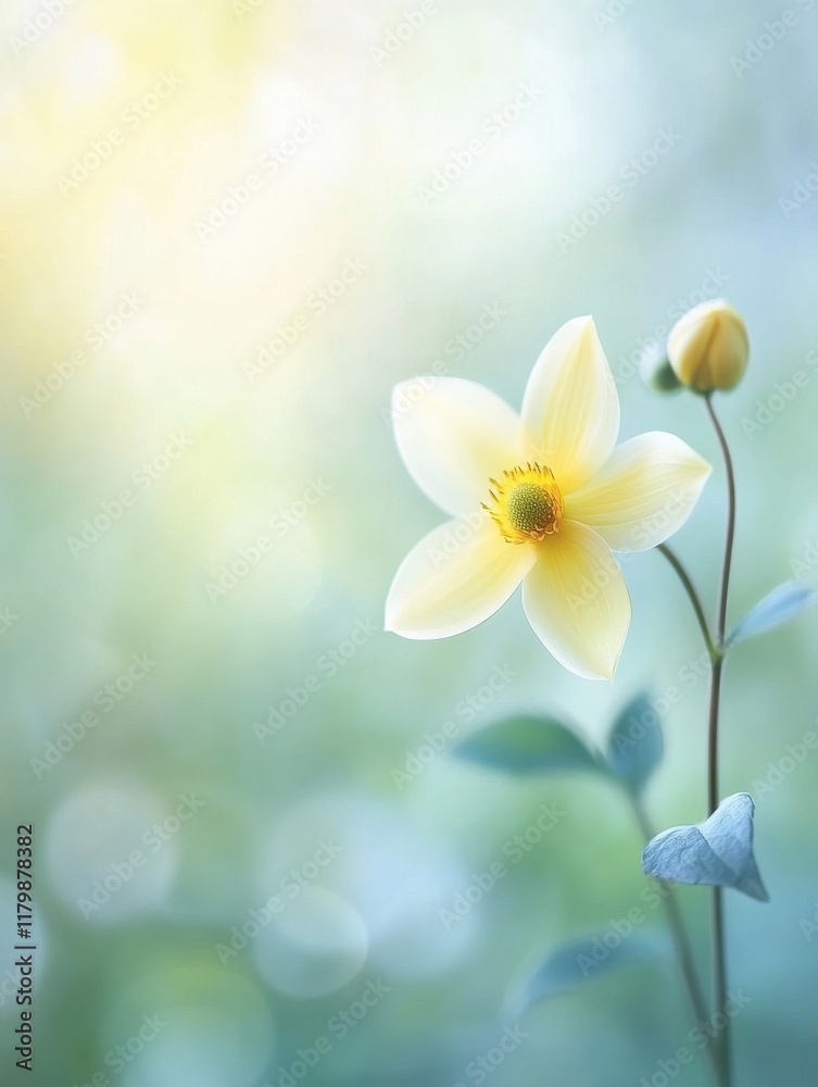 Fototapeta premium Close-up of a delicate pale yellow flower with a blurred dreamy background, soft light, and bokeh effect.
