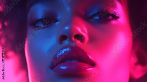 Mesmerizing close up portrait showcasing a model s enchanting features enveloped in a hazy chromatic ambiance of vibrant fluid warmth and striking contrasts creating a captivating photo