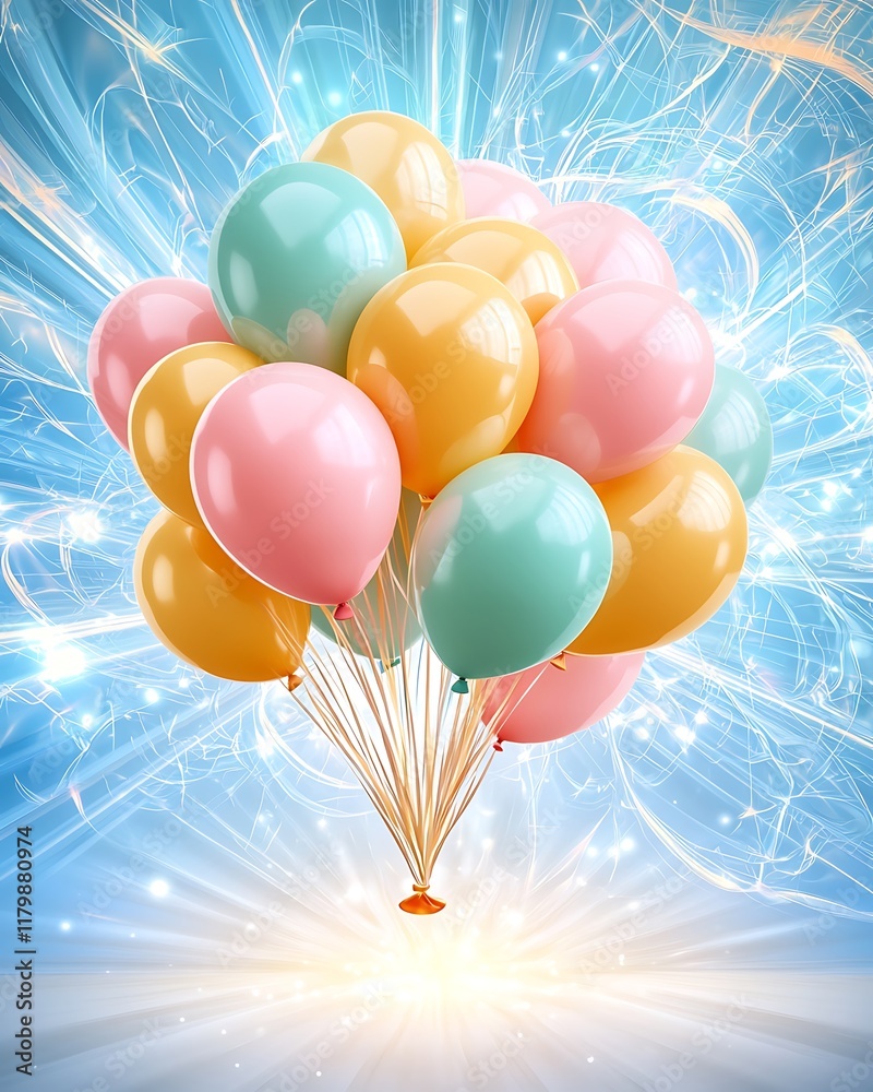 Naklejka premium A Dreamy Scene of Colorful Balloons Floating Against a Sparkling Pastel Background, Perfect for Children’s Celebrations and Joyful Occasions