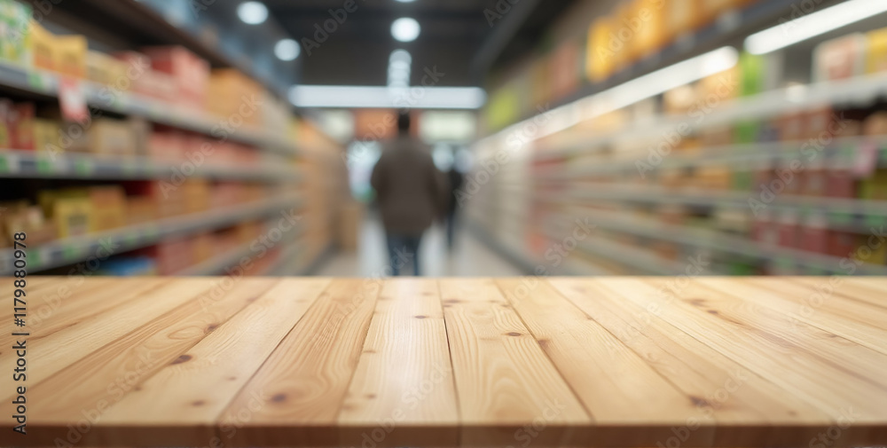 A close-up shot of an empty wooden table top in a modern supermarket environment, intended for product display A close-up shot of an empty wooden table top in a modern supermarket environment, intended for product display
