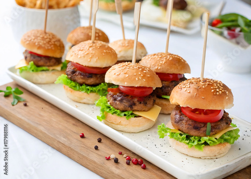 white tray filled with small burgers, each topped with a tomato slice, a piece of lettuce, and a toothpick. The tray is placed on a wooden surface, and there are small bowls of sauce and other vegetab photo