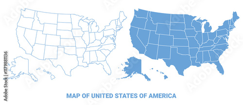 Fotografía United States Of America Blue map flat regions border outline vector illustratio