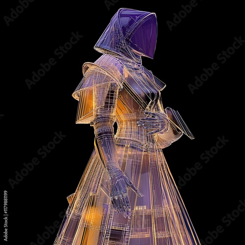 Cyberdelic queen of doom, transparent glass in purple, torquoise, orange, translucent, biohazard, statue, sharp rendered, high resolution photo