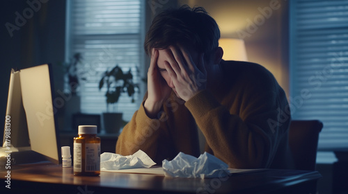 Frustrated young man dealing with cold and flu symptoms, holding his head in pain amidst tissues and medication at his desk copy space photo