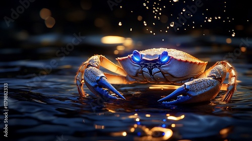 Glowing blue-eyed crab in dark water with sparks. photo