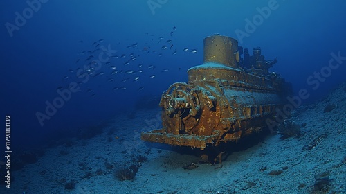 Sunken rusty train wreck on ocean floor with fish.