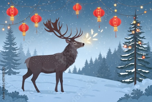 deer in the snow and festivals or mid autumn festival with red background. mock up stage with festive lanterns and clouds. vector design. photo