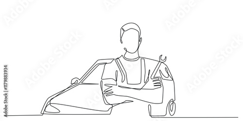 continuous line of car repairman.one line drawing of standing man carrying wrench with car background.car repair business sign.simple single line vector illustration