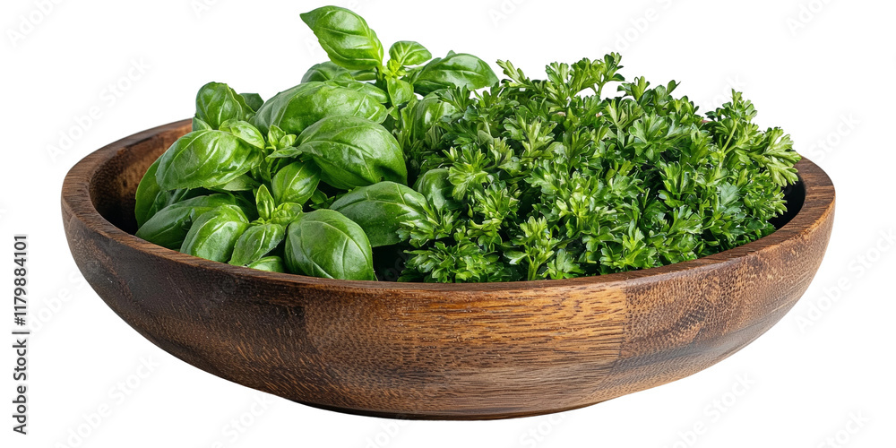 Fresh Herbs in Wooden Bowl for Culinary Use Isolated on transparent background Fresh Herbs in Wooden Bowl for Culinary Use Isolated on transparent background