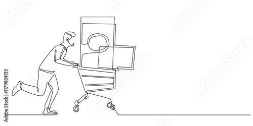 continuous line of men shopping for electronic goods.one line drawing of man running with a trolly carrying electronic tools.single line electronic goods discount.