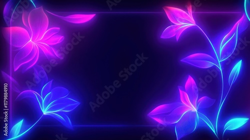 Vibrant Neon Floral Frame with Luminous Petals and Leaves in a Dark Background, Ideal for Modern and Artistic Designs and Celebratory Themes