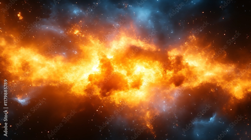 Naklejka premium Fiery Cosmic Nebula Blazing Across Starry Space