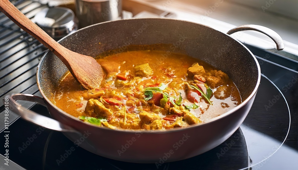 Stiring sauce cooking in a pan in a kitchen Stiring sauce cooking in a pan in a kitchen