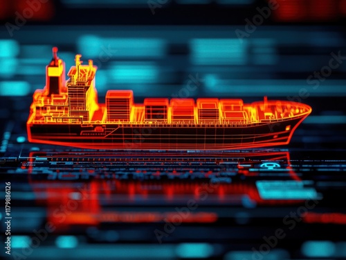 Futuristic Digital Visualization of a Container Ship on Technological Interface with Neon Glow and Abstract Data Representation in Background