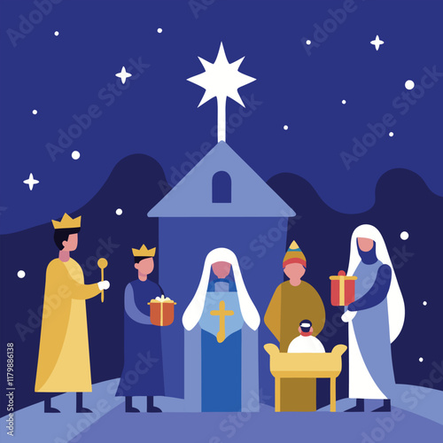 

A vibrant vector design of a joyful Epiphany celebration at the top, featuring bright colors, symbols of faith, and an uplifting atmosphere, representing spiritual enlightenment.